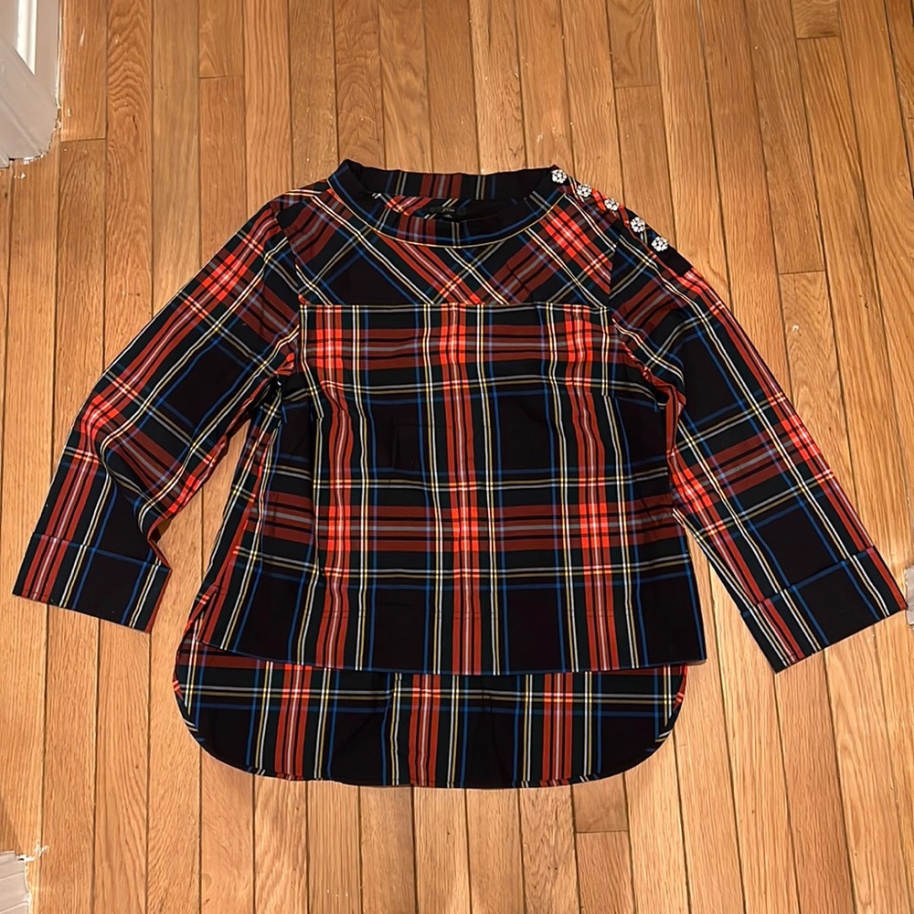J. Crew tartan and jeweled button blouse